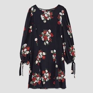 NWT Zara Floral Mini Dress Size L – Long Sleeve, Bow Cuffs, Back Zip